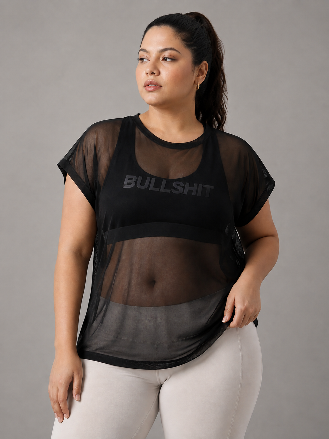 MKH Black Mesh  Women Sporty  Training Plus Size T-Shirt