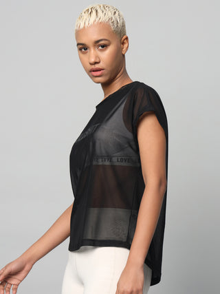 MKH Black Mesh  Women Sporty Curved Hem Training T-Shirt