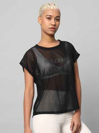 MKH Black Mesh  Women Sporty Curved Hem Training T-Shirt