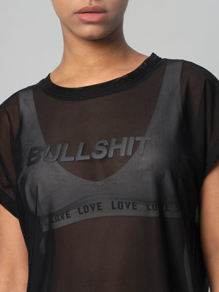 MKH Black Mesh  Women Sporty Curved Hem Training T-Shirt