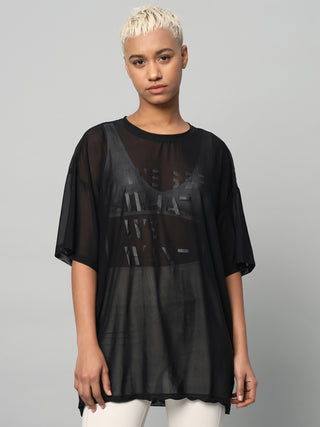 MKH Womens Black Oversized Mesh T-Shirt Sporty Activewear Style