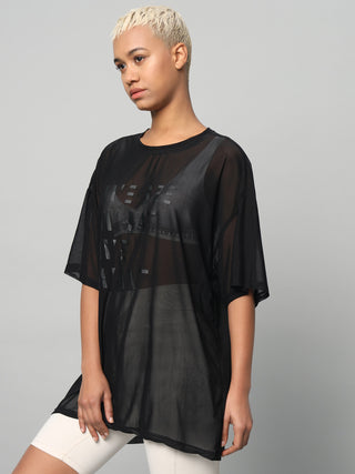 MKH Womens Black Oversized Mesh T-Shirt Sporty Activewear Style