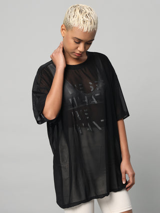 MKH Womens Black Oversized Mesh T-Shirt Sporty Activewear Style