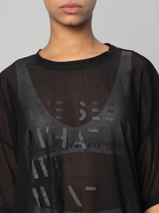 MKH Womens Black Oversized Mesh T-Shirt Sporty Activewear Style