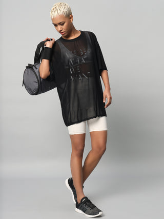 MKH Womens Black Oversized Mesh T-Shirt Sporty Activewear Style