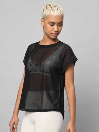 MKH Black Mesh T-Shirt Women Casual Gym Workout Essential