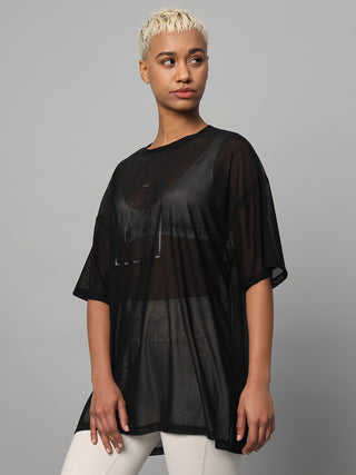 MKH Womens Black Sporty Mesh T-Shirt Oversized Everyday Wear