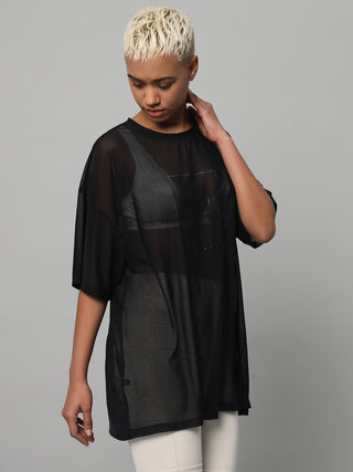 MKH Womens Black Sporty Mesh T-Shirt Oversized Everyday Wear