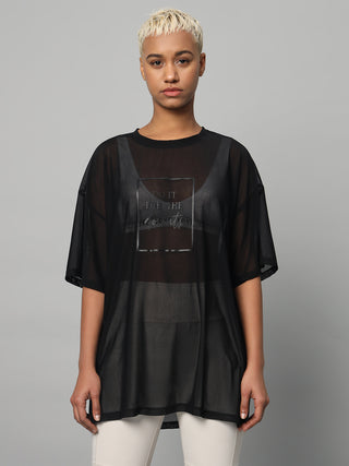 MKH Womens Black Sporty Mesh T-Shirt Oversized Everyday Wear