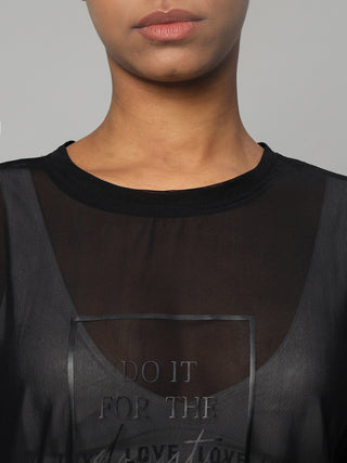 MKH Womens Black Sporty Mesh T-Shirt Oversized Everyday Wear