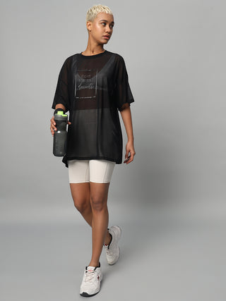 MKH Womens Black Sporty Mesh T-Shirt Oversized Everyday Wear