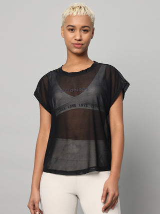 MKH Black Breathable Mesh T-Shirt Women Relaxed Athleisure Style
