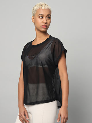 MKH Black Breathable Mesh T-Shirt Women Relaxed Athleisure Style