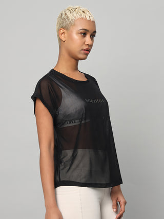 MKH Black Breathable Mesh T-Shirt Women Relaxed Athleisure Style