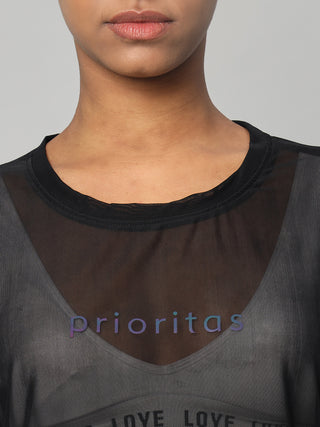 MKH Black Breathable Mesh T-Shirt Women Relaxed Athleisure Style