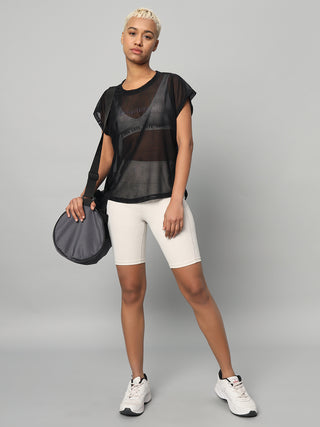 MKH Black Breathable Mesh T-Shirt Women Relaxed Athleisure Style