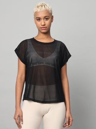 MKH Black Mesh T-Shirt Women Breathable Layering Activewear