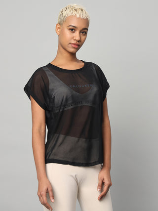 MKH Black Mesh T-Shirt Women Breathable Layering Activewear