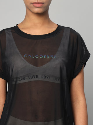 MKH Black Mesh T-Shirt Women Breathable Layering Activewear
