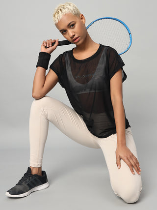 MKH Black Mesh T-Shirt Women Breathable Layering Activewear