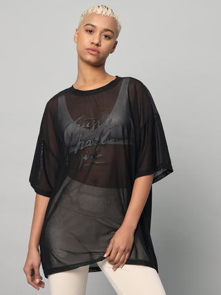 MKH Black Mesh Womens Oversized Athleisure Training T-Shirt