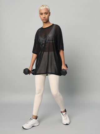 MKH Black Mesh Womens Oversized Athleisure Training T-Shirt