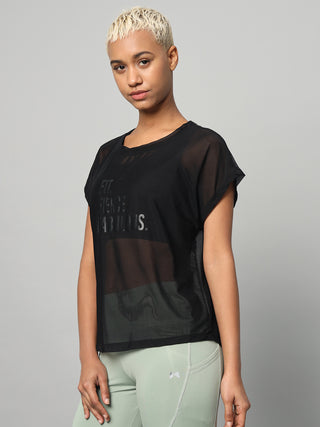 MKH Black Mesh T-Shirt Women Everyday Athleisure Wear