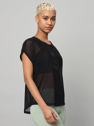 MKH Black Mesh T-Shirt Women Everyday Athleisure Wear