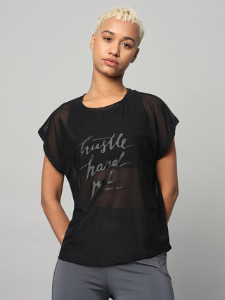 MKH Black Mesh T-Shirt Women Relaxed Fitness Style