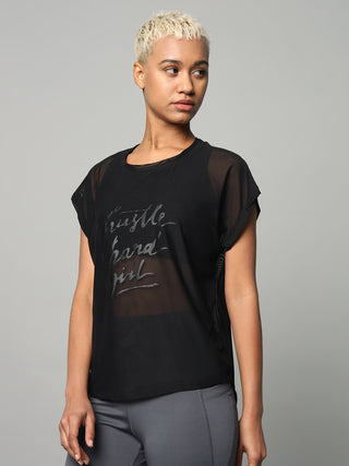 MKH Black Mesh T-Shirt Women Relaxed Fitness Style