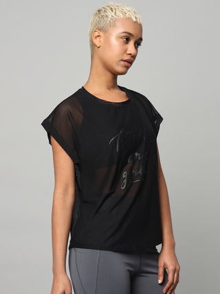 MKH Black Mesh T-Shirt Women Relaxed Fitness Style