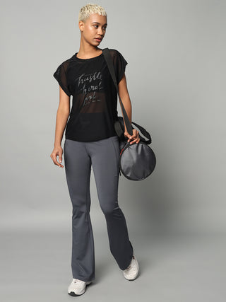 MKH Black Mesh T-Shirt Women Relaxed Fitness Style