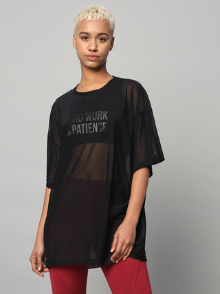 MKH Black Mesh T-Shirt Womens Loose Fit Everyday Athleisure