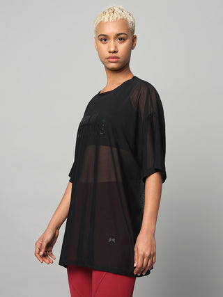 MKH Black Mesh T-Shirt Womens Loose Fit Everyday Athleisure