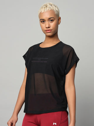 MKH Black Mesh Women Short Sleeve Yoga Training T-Shirt