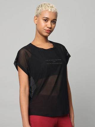 MKH Black Mesh Women Short Sleeve Yoga Training T-Shirt