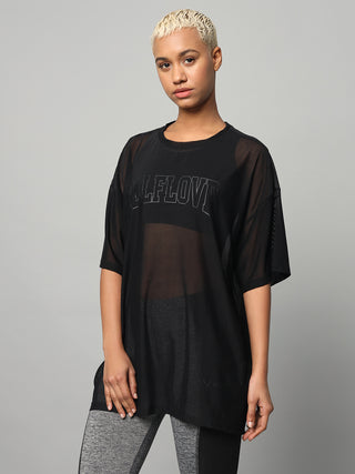 MKH Womens Black Mesh T-Shirt Oversized Active Fit