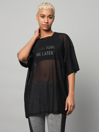 MKH Womens Black Oversized Mesh T-Shirt Sporty Streetwear Look