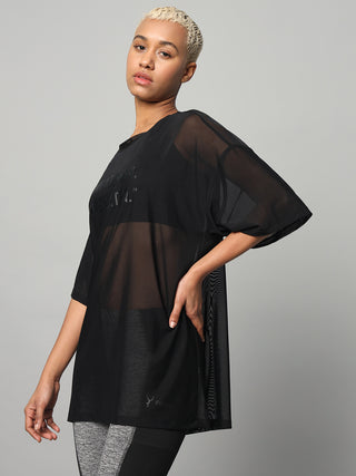 MKH Womens Black Oversized Mesh T-Shirt Sporty Streetwear Look