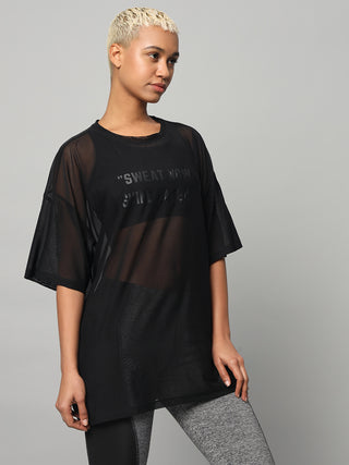 MKH Womens Black Oversized Mesh T-Shirt Sporty Streetwear Look