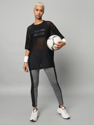 MKH Womens Black Oversized Mesh T-Shirt Sporty Streetwear Look