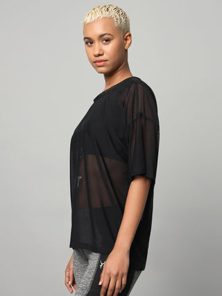 MKH Black Mesh T-Shirt Womens Loose Fit Casual Activewear