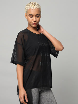 MKH Black Mesh T-Shirt Womens Loose Fit Casual Activewear