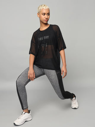 MKH Black Mesh T-Shirt Womens Loose Fit Casual Activewear