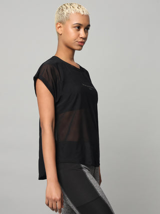 MKH Black Women Breathable Short Sleeve Gym Mesh T-Shirt