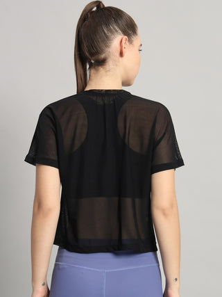 MKH Black Mesh Crop T-Shirt Women Gym And Fitness Style