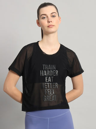 MKH Black Mesh Crop T-Shirt Women Gym And Fitness Style
