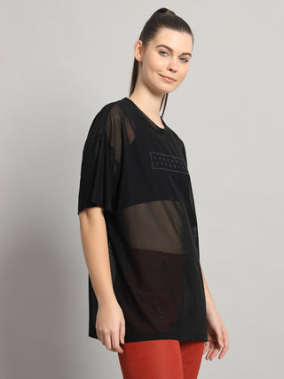 MKH Womens Black Casual Mesh T-Shirt Oversized Activewear Style