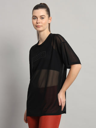 MKH Womens Black Casual Mesh T-Shirt Oversized Activewear Style