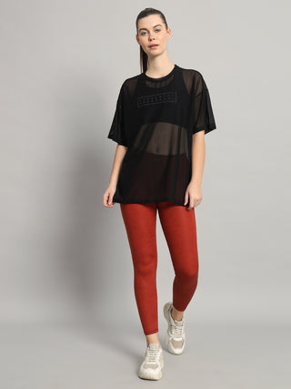MKH Womens Black Casual Mesh T-Shirt Oversized Activewear Style